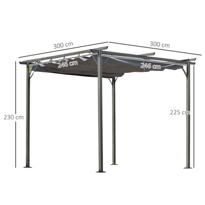 3 x 3(m) Metal Pergola with Retractable Roof, Garden Gazebo Metal Pergola Canopy. Outdoor Sun Shade Shelter for Party BBQ, Grey