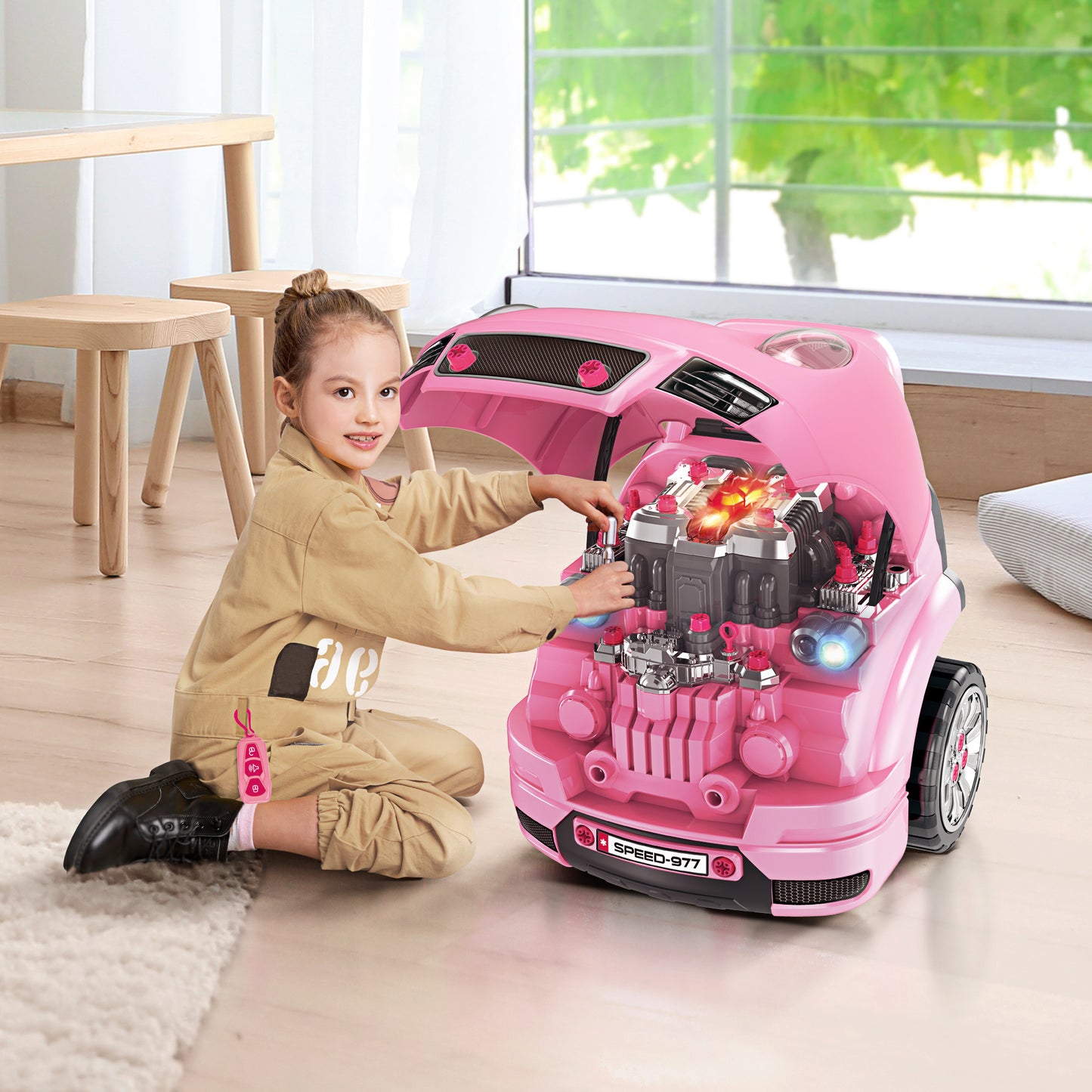HOMCOM Kids Truck Engine Toy Set Toddler Educational Car Service Station w/ RC Car Key Steering Wheel Horn Light, Mechanic Gifts for Ages 3-5 Years - Pink