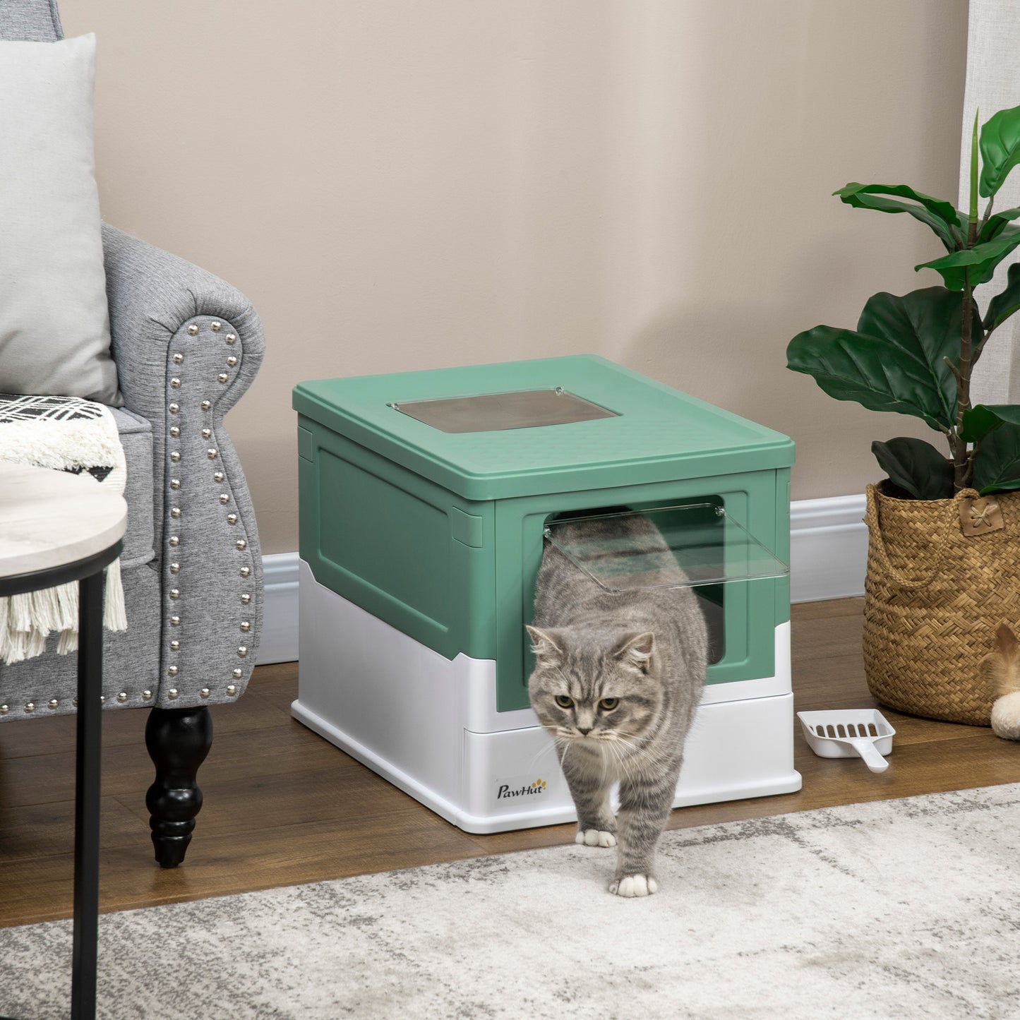 Hooded Cat Litter Box, Portable Pet Toilet w/ Tray, Scoop, Front Entry, 47.5 x 35.5 x 36.7cm - Green