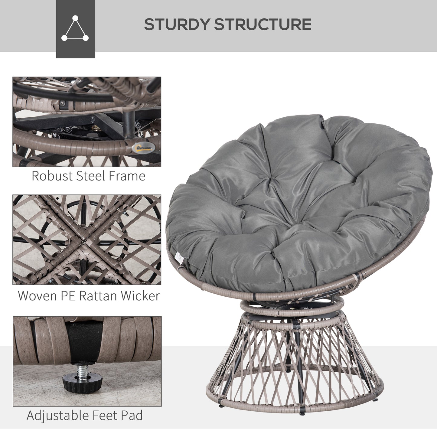 Outsunny 360√Ç¬¨√Ç¬®√¢¬Ä¬ö√É¬†√É¬ª Swivel Rattan Papasan Moon Bowl Chair Round Lounge Garden Wicker Basket Seat with Padded Cushion Oversized for Outdoor Indoor, Grey
