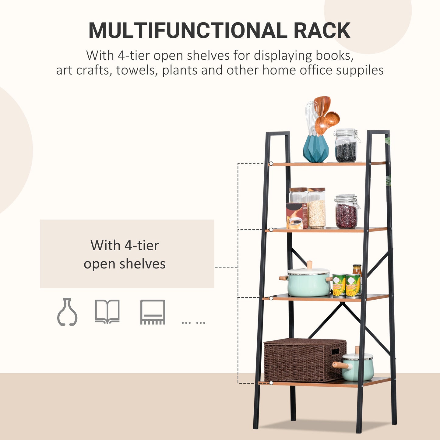 4-Tier Vintage Ladder Shelf Bookcase Wood Storage Rack Stand Plants Display Black brown