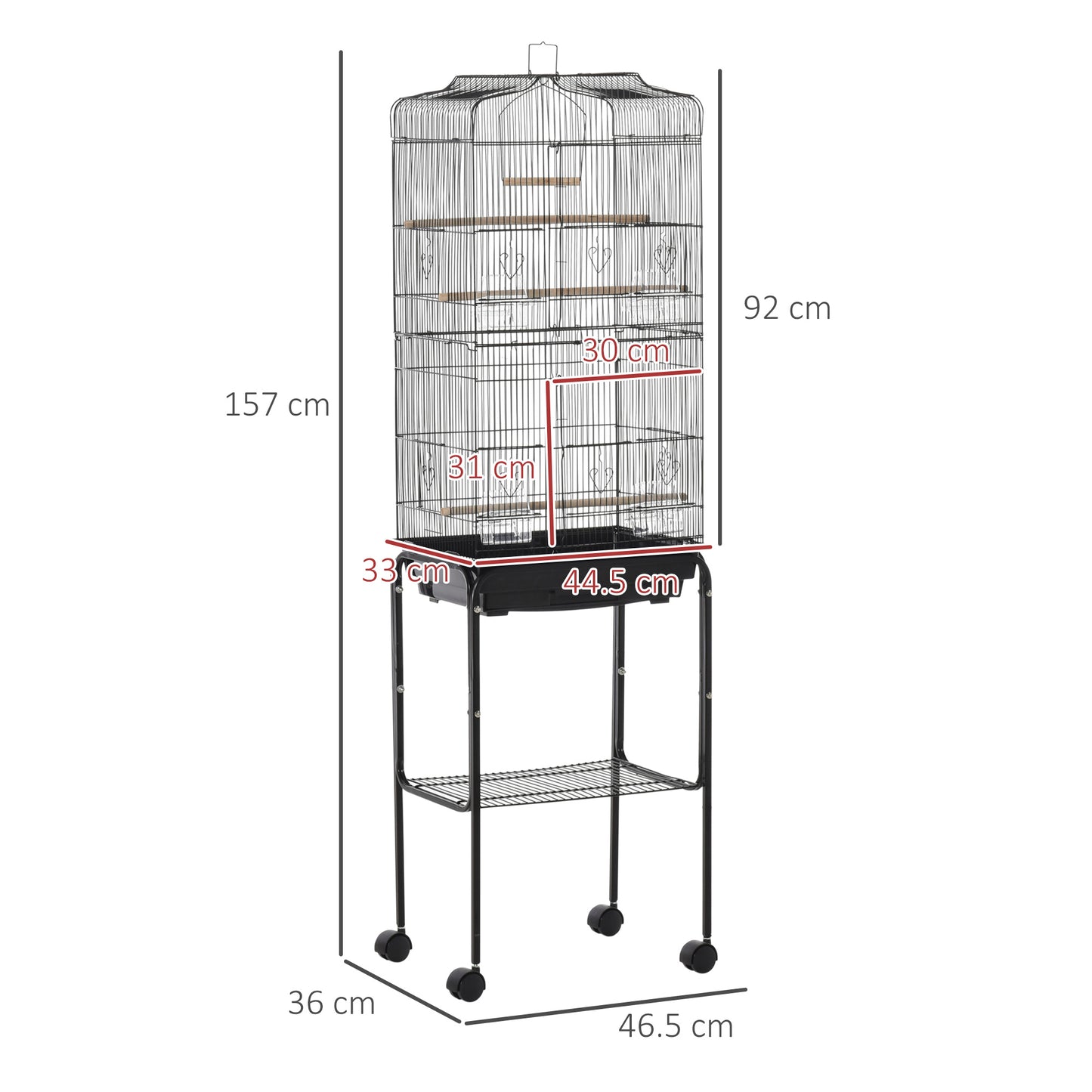 Bird Cage Budgie Cages for Finch Canary Parakeet with Stand Wheels Slide-out Tray Accessories Storage Shelf, Black 46.5 x 36 x 157 cm