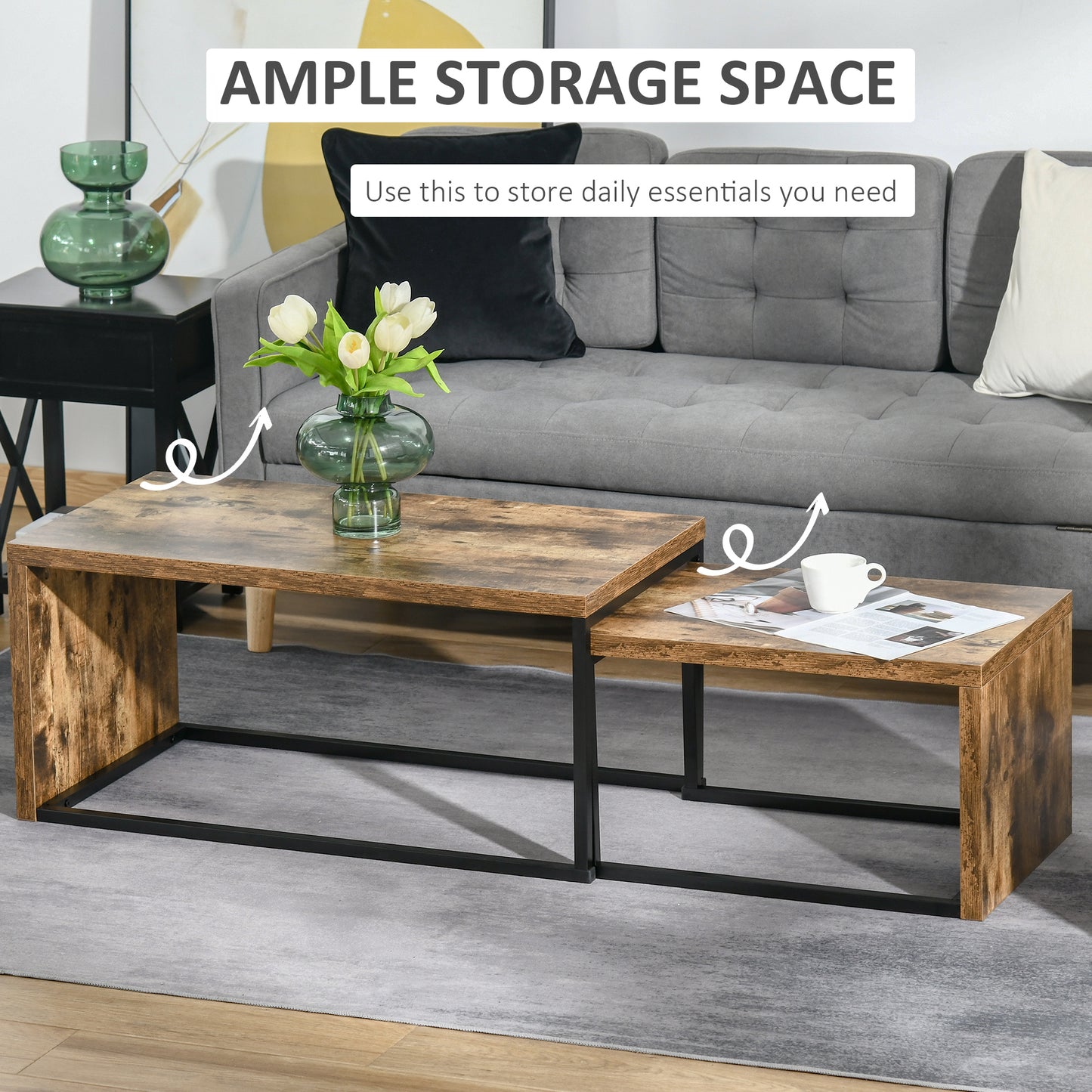 Coffee Tables Set of 2, Industrial Nest of Tables with Metal Frame for Living Room Bedroom, Rustic Brown