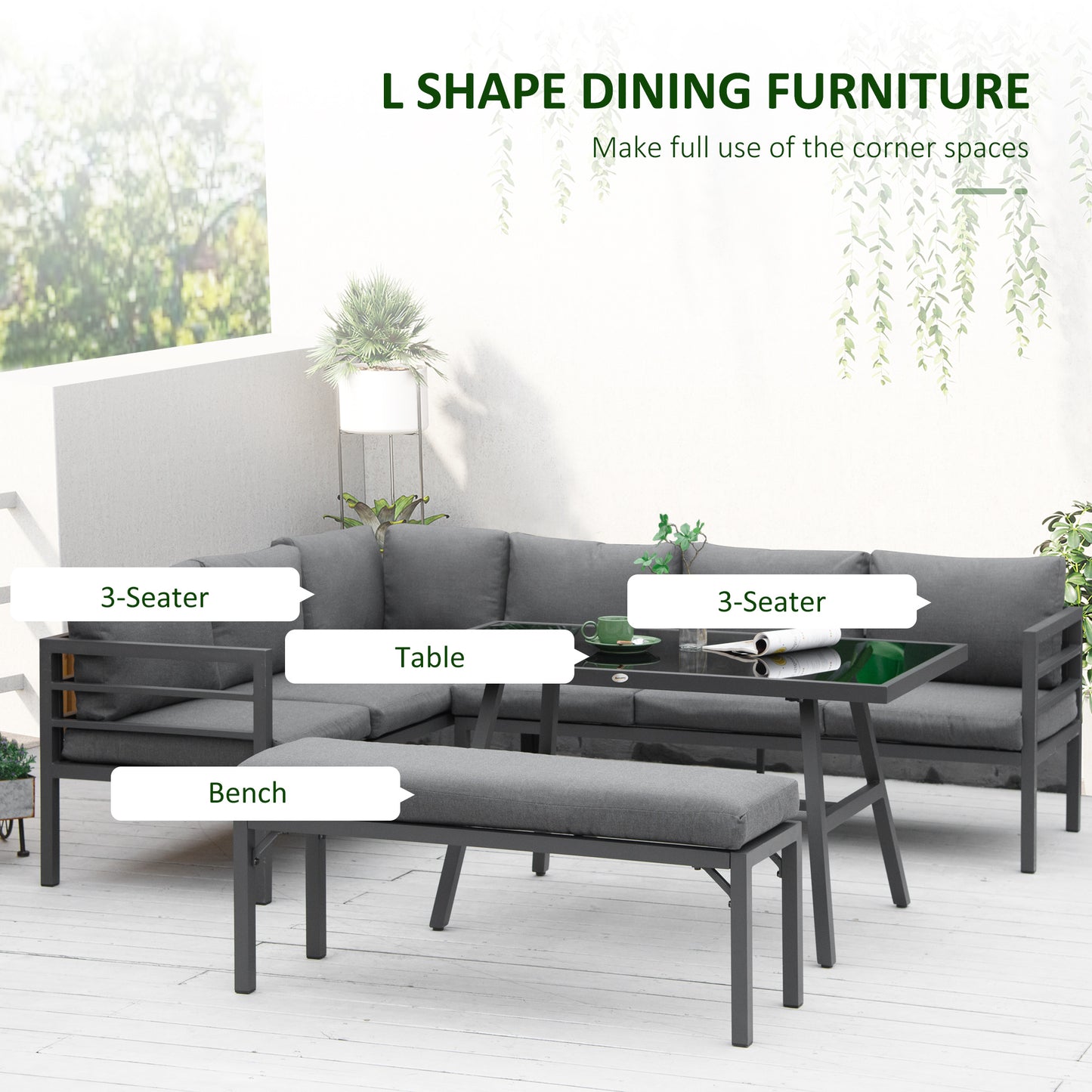 L-shaped Garden Furniture Set 8-Seater Aluminium Outdoor Dining Set Conversation Sofa Set w/ Bench, Dining Table & Cushions,¬†Grey