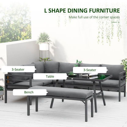 L-shaped Garden Furniture Set 8-Seater Aluminium Outdoor Dining Set Conversation Sofa Set w/ Bench, Dining Table & Cushions,¬†Grey