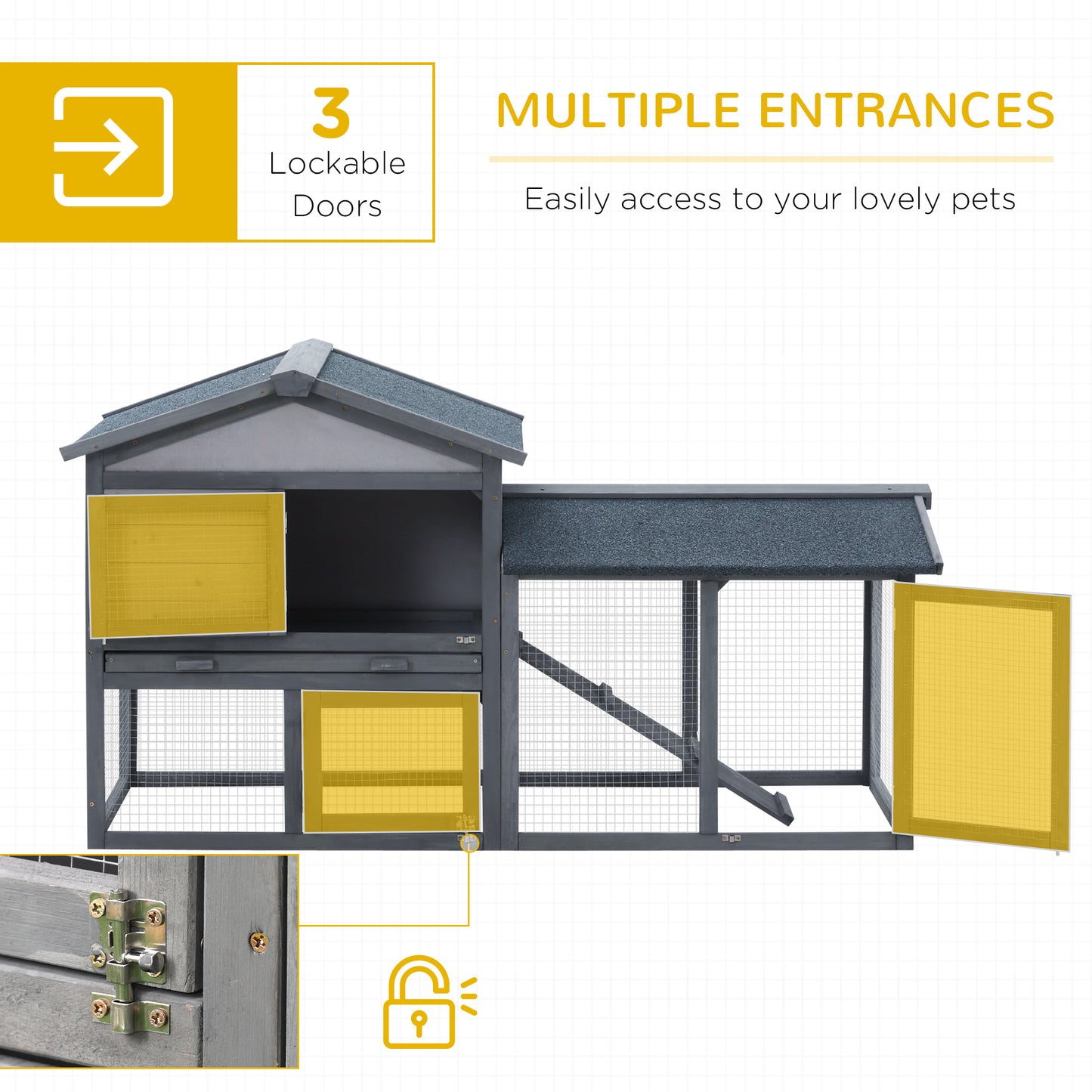 Wooden Rabbit Hutch Outdoor, Double Tier Guinea Pig Hutch, Small Animal House Water-Resistant Roof Ramp 147 x 54 x 84 cm
