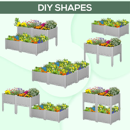 Set of 4 Garden Raised Bed Elevated Patio Flower Plant Planter Box PP Vegetables Planting Container, Grey