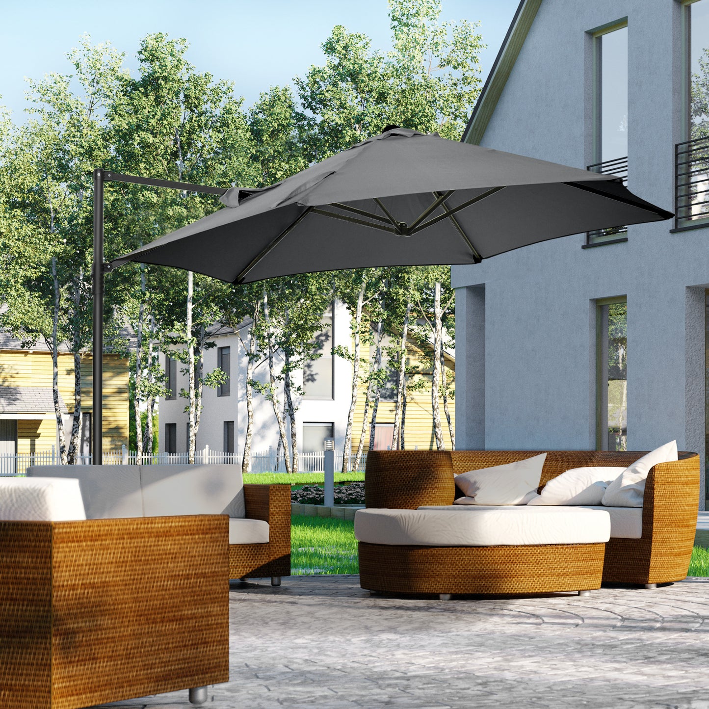 Outsunny 2.5M Garden Cantilever Parasol with 360√Ç¬¨√Ç¬®√¢¬Ä¬ö√É¬†√É¬ª Rotation, Offset Roma Patio Umbrella Hanging Sun Shade Canopy Shelter with Cross Base, Grey