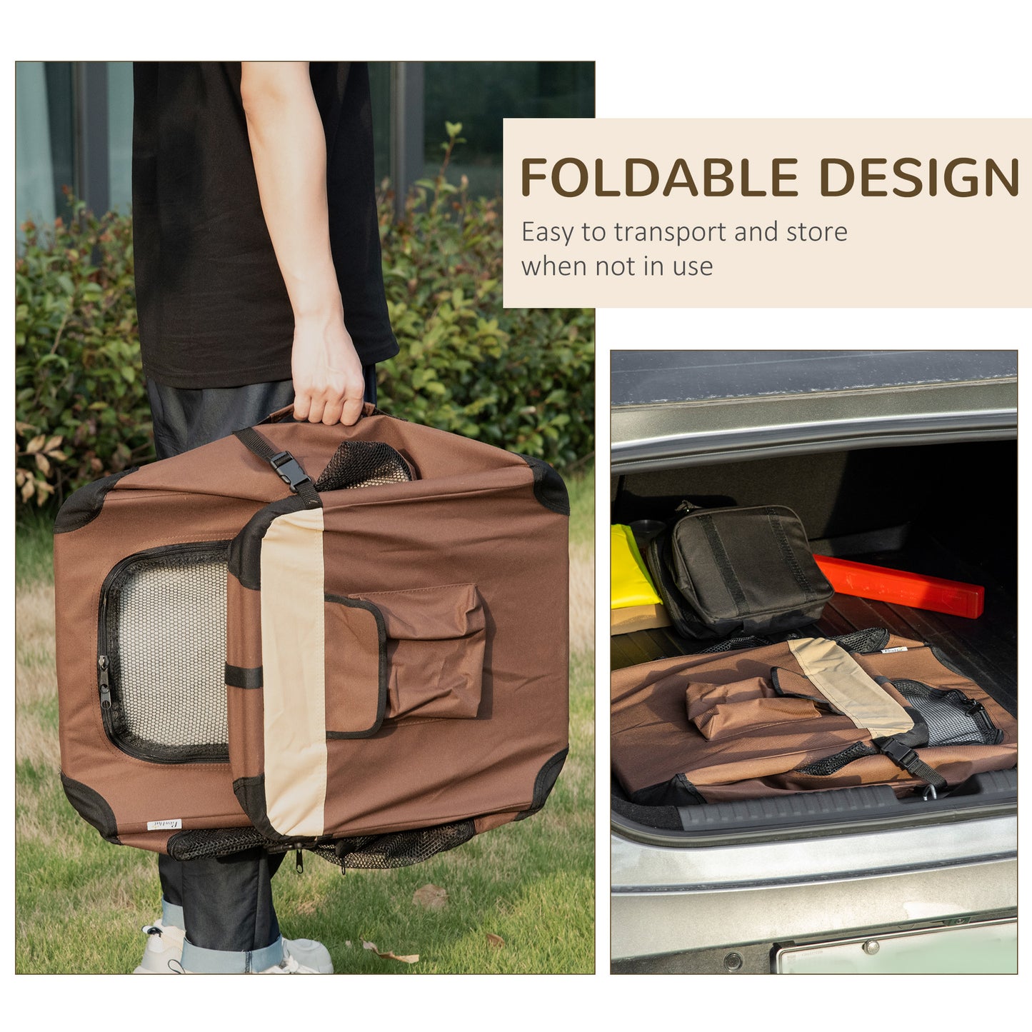 60cm Foldable Pet Carrier Bag Soft Travel Dog Crate, Portable Cat Carrier w/ Cushion, for Cats and Miniature Dogs - Brown