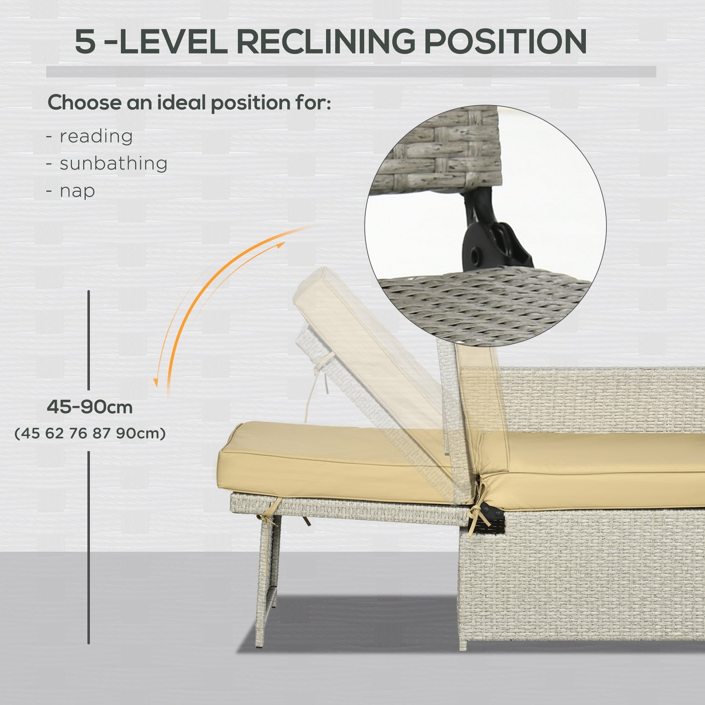 5PC PE Rattan Sun Lounger, Outdoor Wicker 5-level Adjustable Recliner Sofa Bed with Storage Side Table and Footstools, for Patio, Garden, Poolside, Beige