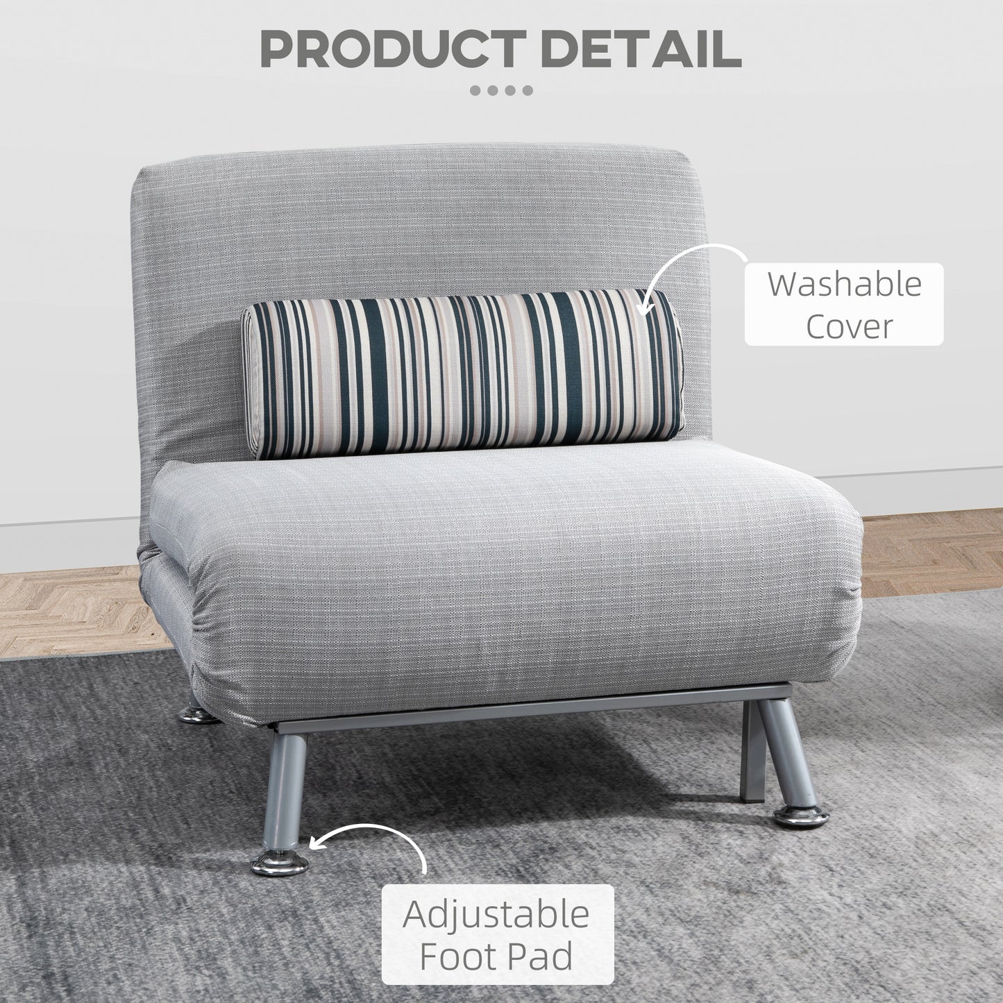 Single Sofa Bed Futon Chair Sleeper, Foldable Portable Lounge Couch, Living Room Furniture Grey