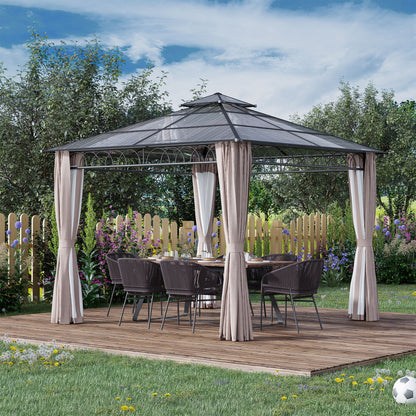 3 x 3m Outdoor Polycarbonate Gazebo with Double Roof, Galvanised Steel Frame and Curtains