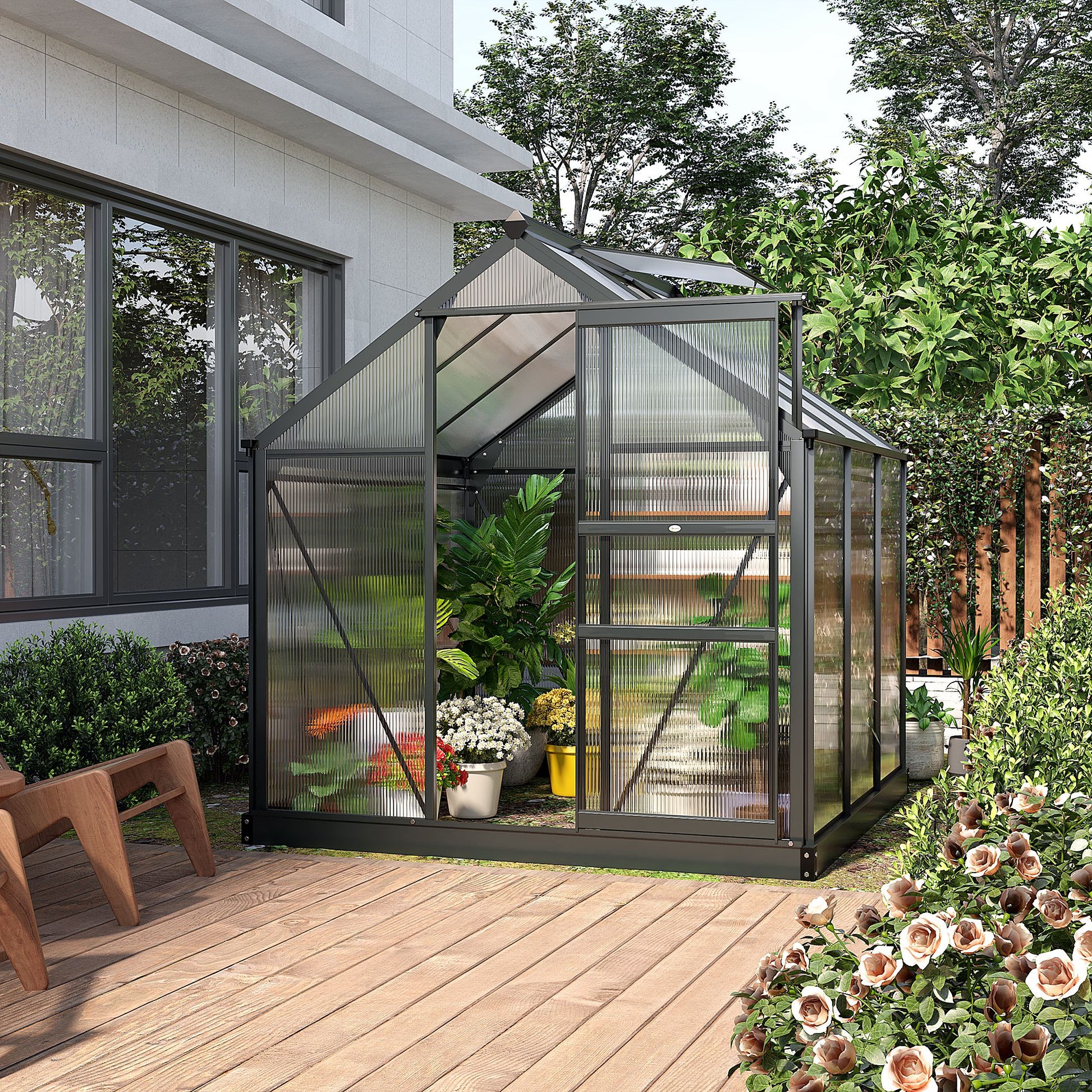 Outsunny 6 x 6ft Polycarbonate Greenhouse, Large Walk-In Green House with Slide Door and Window, Garden Plants Grow House with Aluminium Frame and Foundation, Grey
