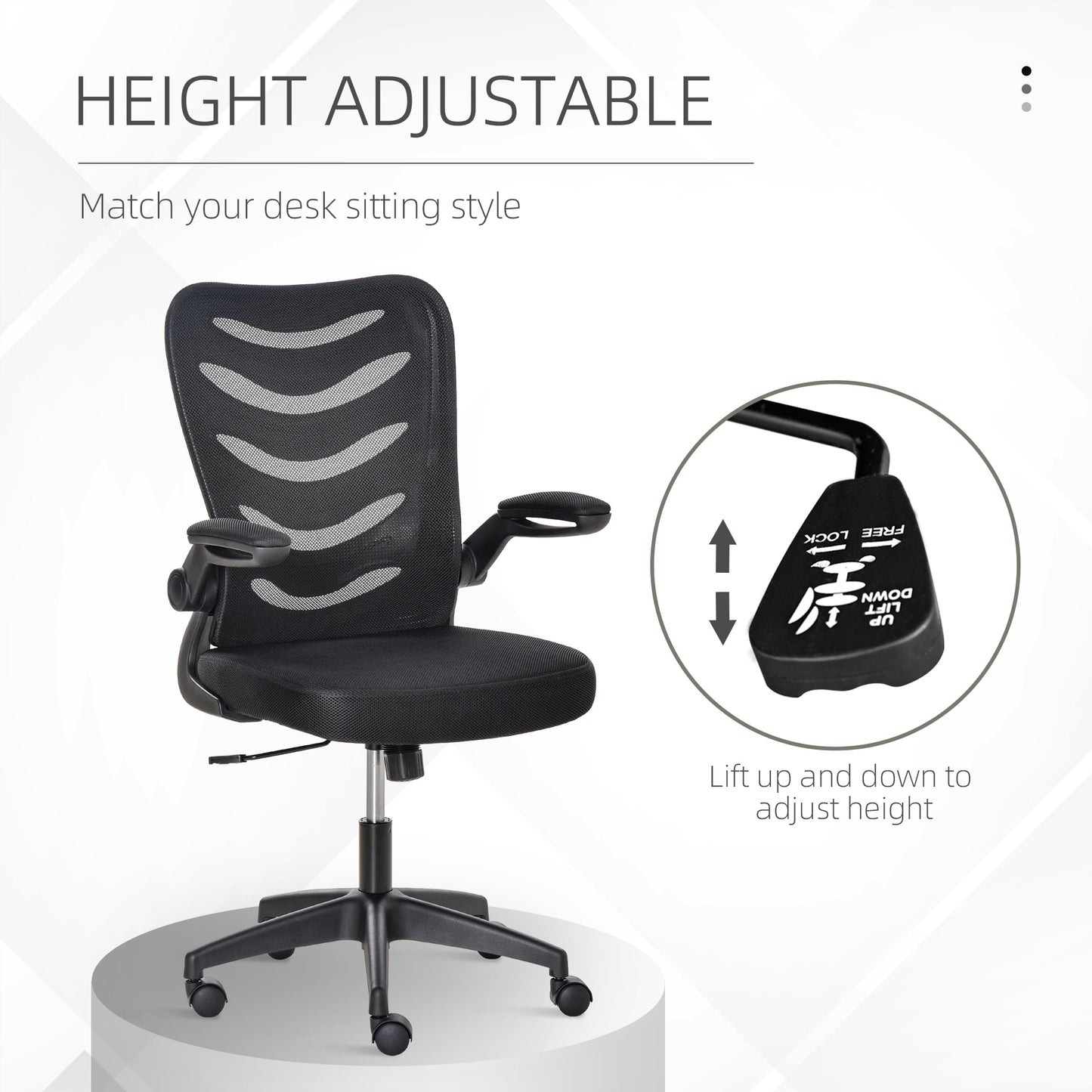 Mesh Swivel Chair for Home Task Desk Chair with Lumbar Back Support, Flip-Up Arm, Adjustable Height, Black