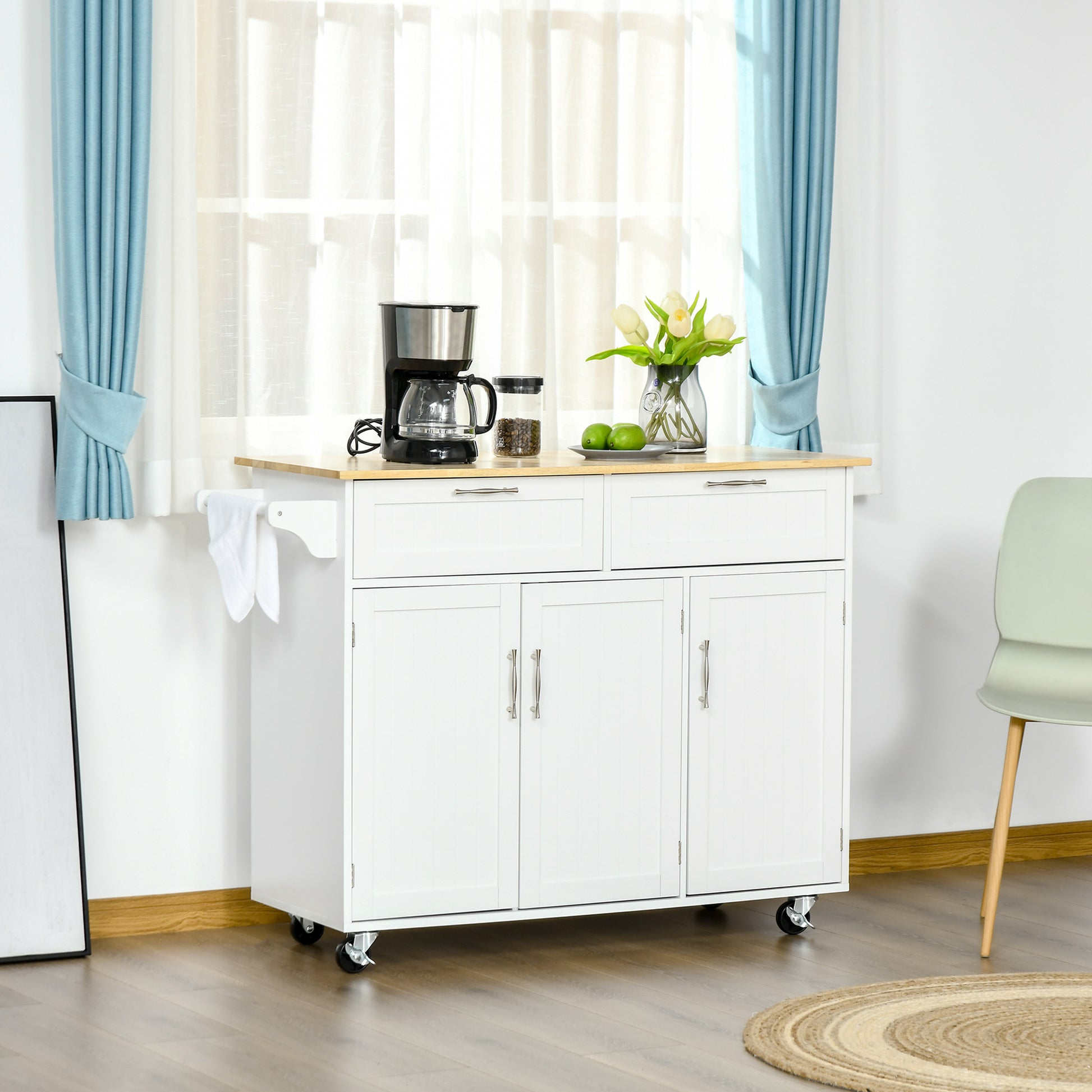 HOMCOM Kitchen Island Utility Cart, with 2 Storage Drawers & Cabinets for Dining Room, White