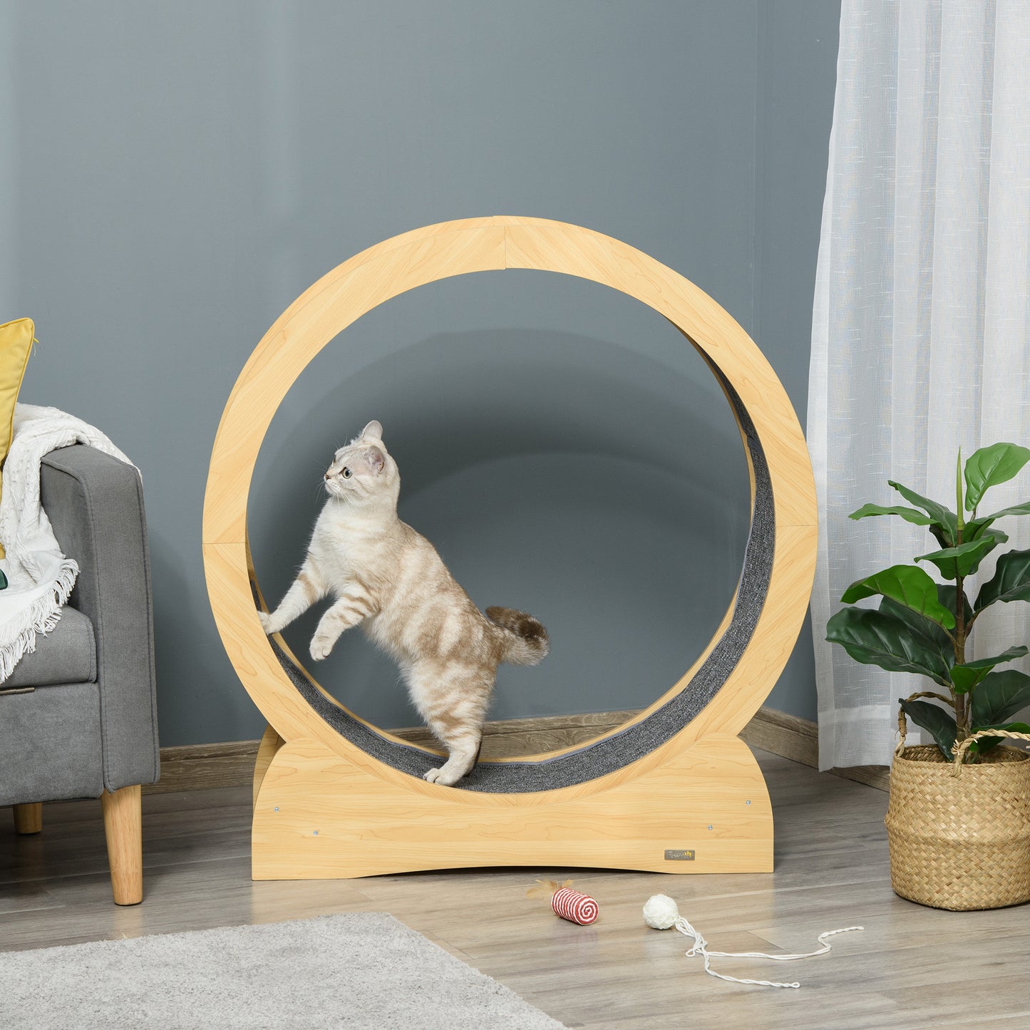 Cat Treadmill, Wooden Cat Exercise Wheel with Carpeted Runway, Cat Running Wheel with Brake, for Exercise - Natural Wood Finish