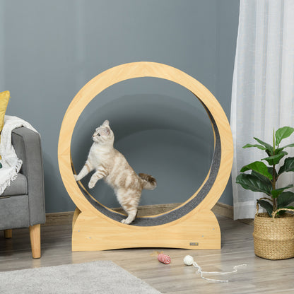 Cat Treadmill, Wooden Cat Exercise Wheel with Carpeted Runway, Cat Running Wheel with Brake, for Exercise - Natural Wood Finish
