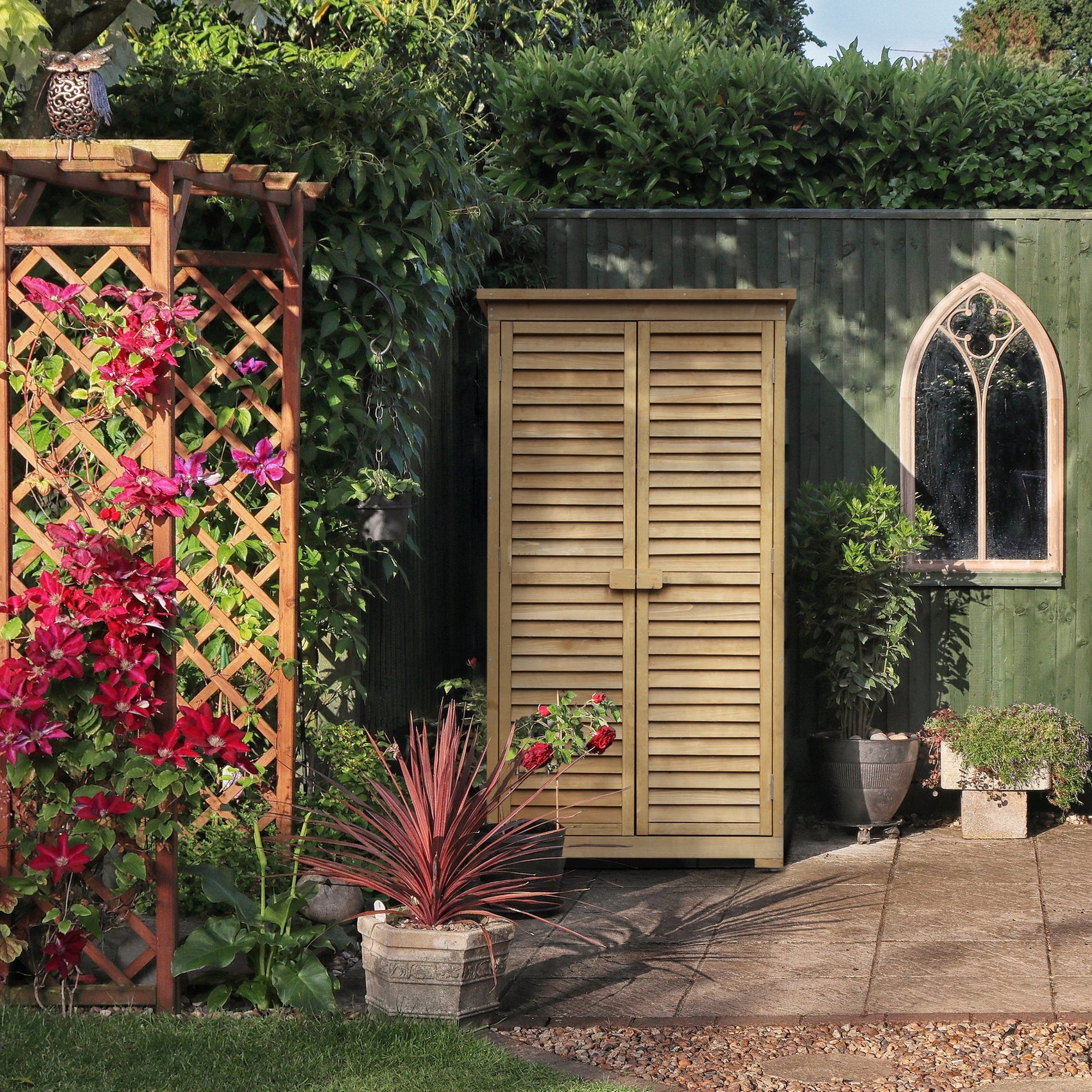 Outsunny Wooden Garden Storage Shed, Compact Utility Sentry Unit, 3-Tier Shelves Tool Cabinet Organizer with Asphalt Roof and Shutter Design, 87cm x 47cm x 160cm