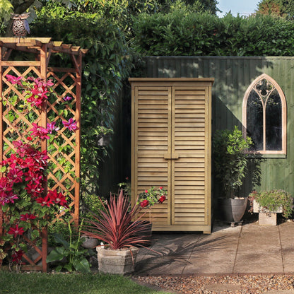 Outsunny Wooden Garden Storage Shed, Compact Utility Sentry Unit, 3-Tier Shelves Tool Cabinet Organizer with Asphalt Roof and Shutter Design, 87cm x 47cm x 160cm