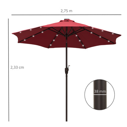 Φ2.7m Garden 24 LED Light Parasol Solar Outdoor Tilt Sun Umbrella Patio Club Party Event Manual Sun Shade w/ Hand Crank and 8 Ribs Red