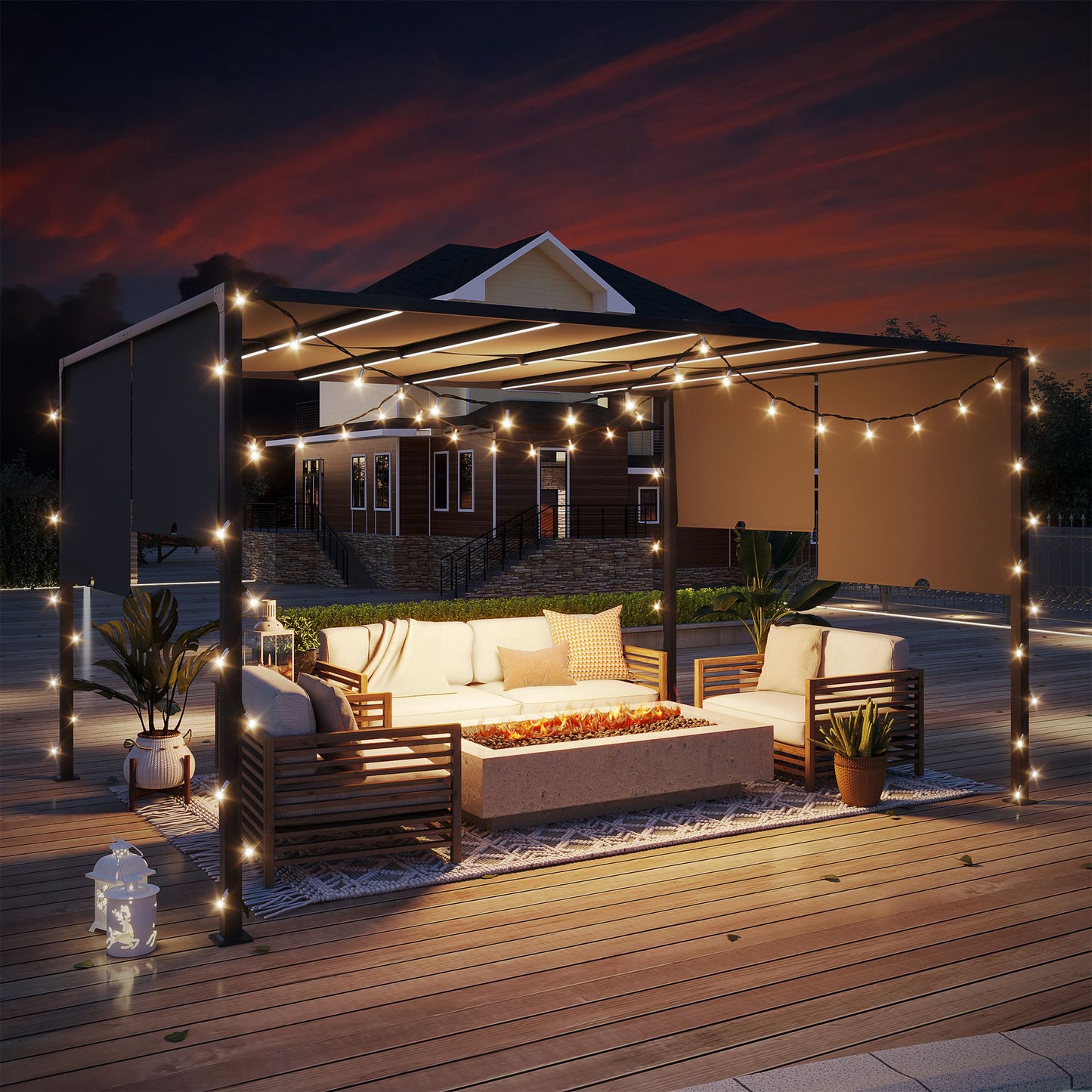 Outsunny 3m x 4m Metal Pergola with Retractable Roof, Outdoor Garden Pergola with LED Lights, Solar Powered, for BBQ,¬†Lawn,¬†Backyard, Dark Grey