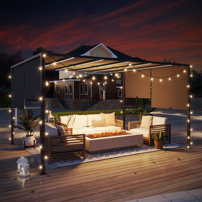 Outsunny 3m x 4m Metal Pergola with Retractable Roof, Outdoor Garden Pergola with LED Lights, Solar Powered, for BBQ,¬†Lawn,¬†Backyard, Dark Grey