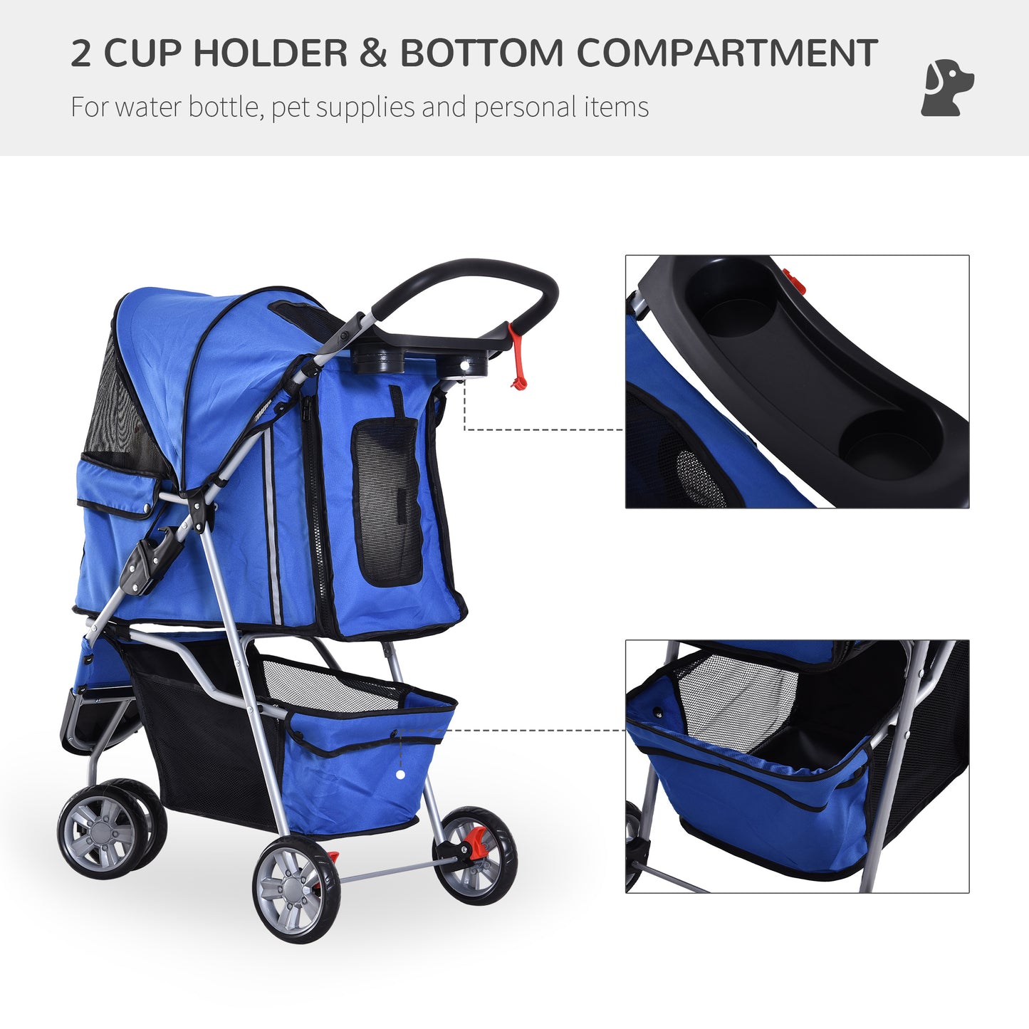 Pet Travel Stroller Cat Dog Pushchair Trolley Puppy Jogger Carrier Three Wheels for Small Miniature Dogs(Blue)