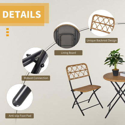 Outsunny 3 PCS Rattan Wicker Bistro Set with Easy Folding, Hand Woven Rattan Coffee Table and Chairs for Outdoor Lawn, Pool, Balcony & Garden, Natural
