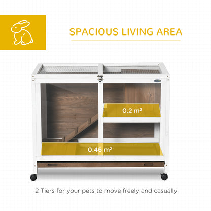 Wooden Rabbit Hutch Guinea Pigs House Bunny Small Animal Cage w/ Pull-out Tray Openable Roof Wheels 91.5 x 53.3 x 73 cm, Brown