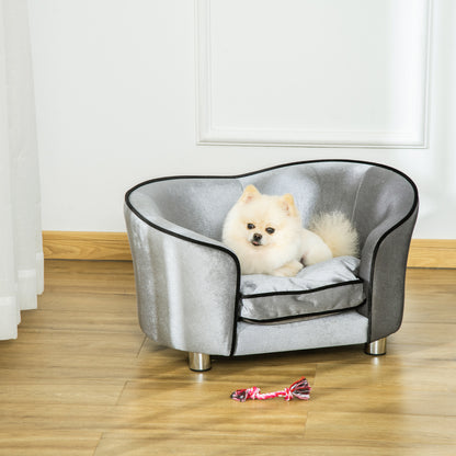 Dog Sofa Bed for Miniature Dogs, Pet Chair Couch Kitten Lounge with Soft Washable Cushion, Thick Sponge, Wooden Frame, Storage Pocket
