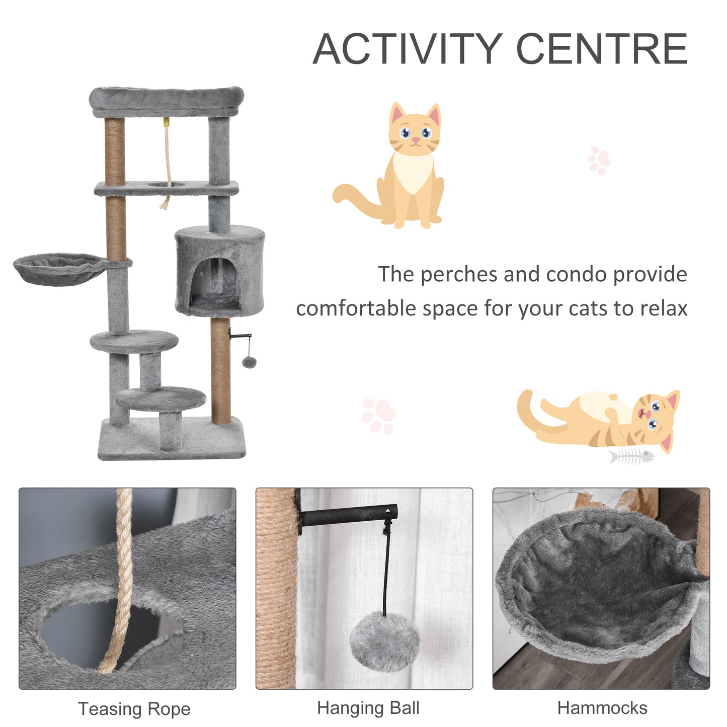 Cat Tree Tower for Indoor Cats 120cm Climbing Kitten Activity Center with Jute Scratching Post Perch Hanging Ball Hammock Teasing Rope Condo Toy Light Grey