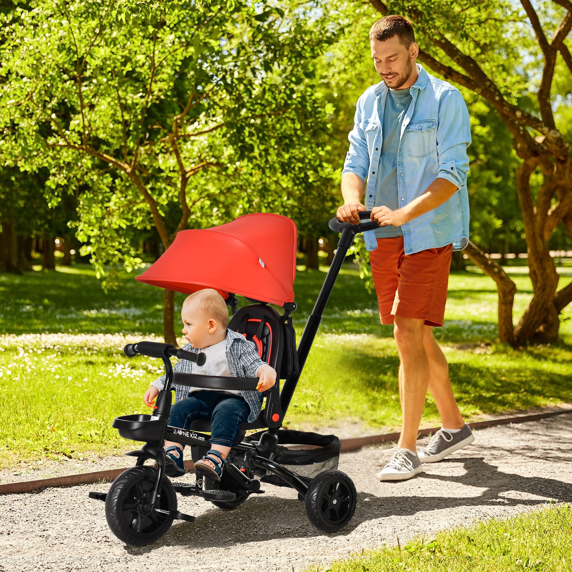 HOMCOM 4 in 1 Kids Trike Toddler Foldable Pedal Tricycle w/ Reversible Angle Adjustable Seat Removable Handle Canopy Handrail Belt Storage Footrest Brake Clutch for 1-5 Years - Red