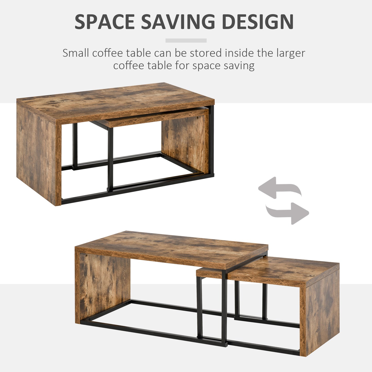Coffee Tables Set of 2, Industrial Nest of Tables with Metal Frame for Living Room Bedroom, Rustic Brown