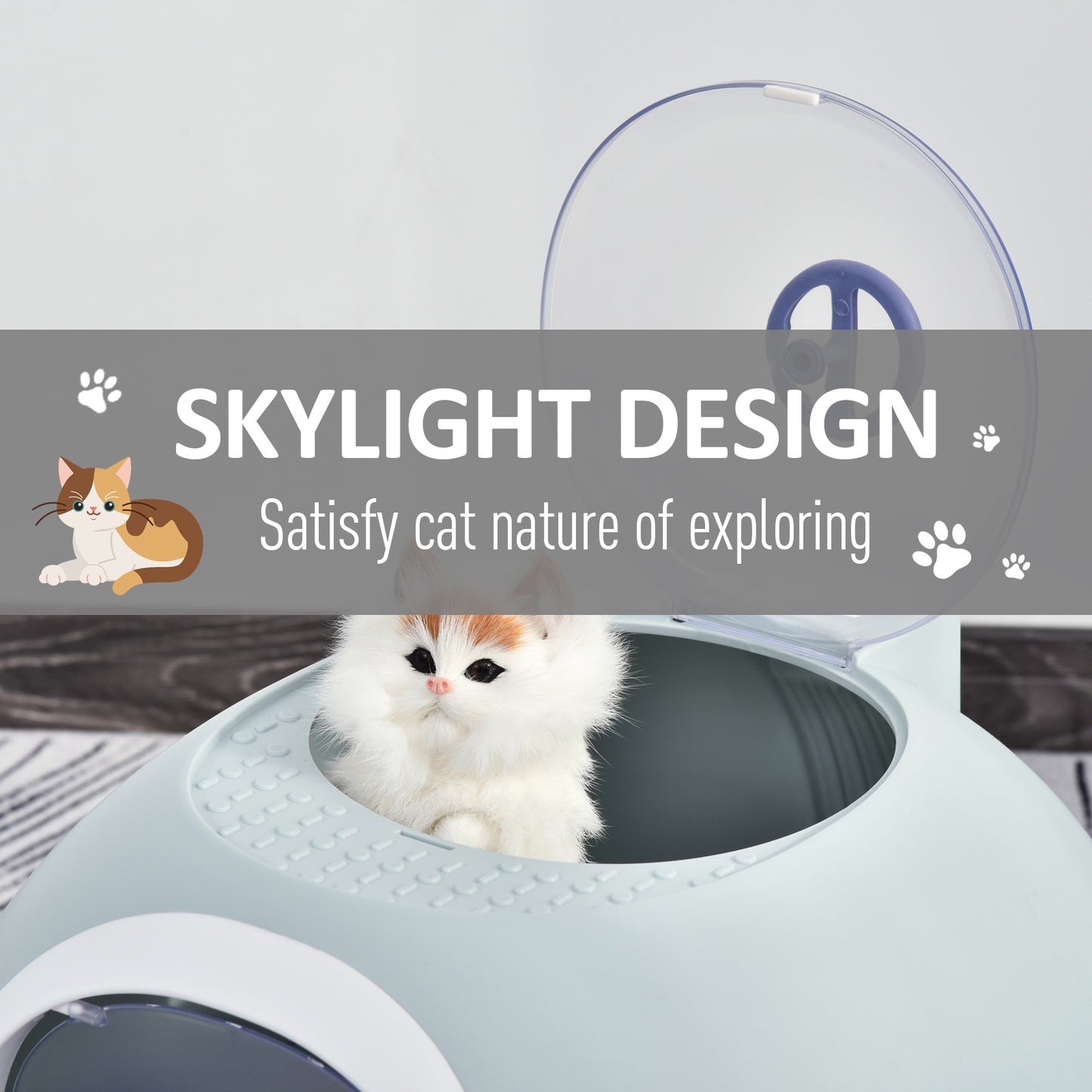 Cat Litter Box Toilet With Litter Scoop Enclosed Drawer Skylight Easy To Clean Blue