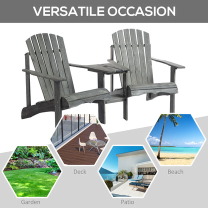 Wooden Outdoor Double Adirondack Chairs Loveseat w/ Center Table and Umbrella Hole, Garden Patio Furniture for Lounging and Relaxing, Grey