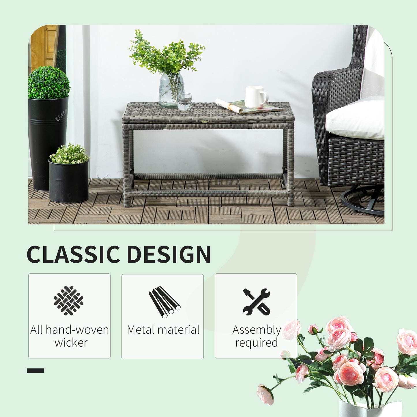 Outsunny Outdoor Coffee Table, Garden PE Rattan Side Table with Plastic Board Under the Full Woven Table Top and X-Shape Support for Patio, Balcony, Mixed Grey