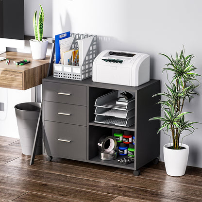 Freestanding Printer Stand Unit with Wheels 3 Drawers & 2 Open Shelves
