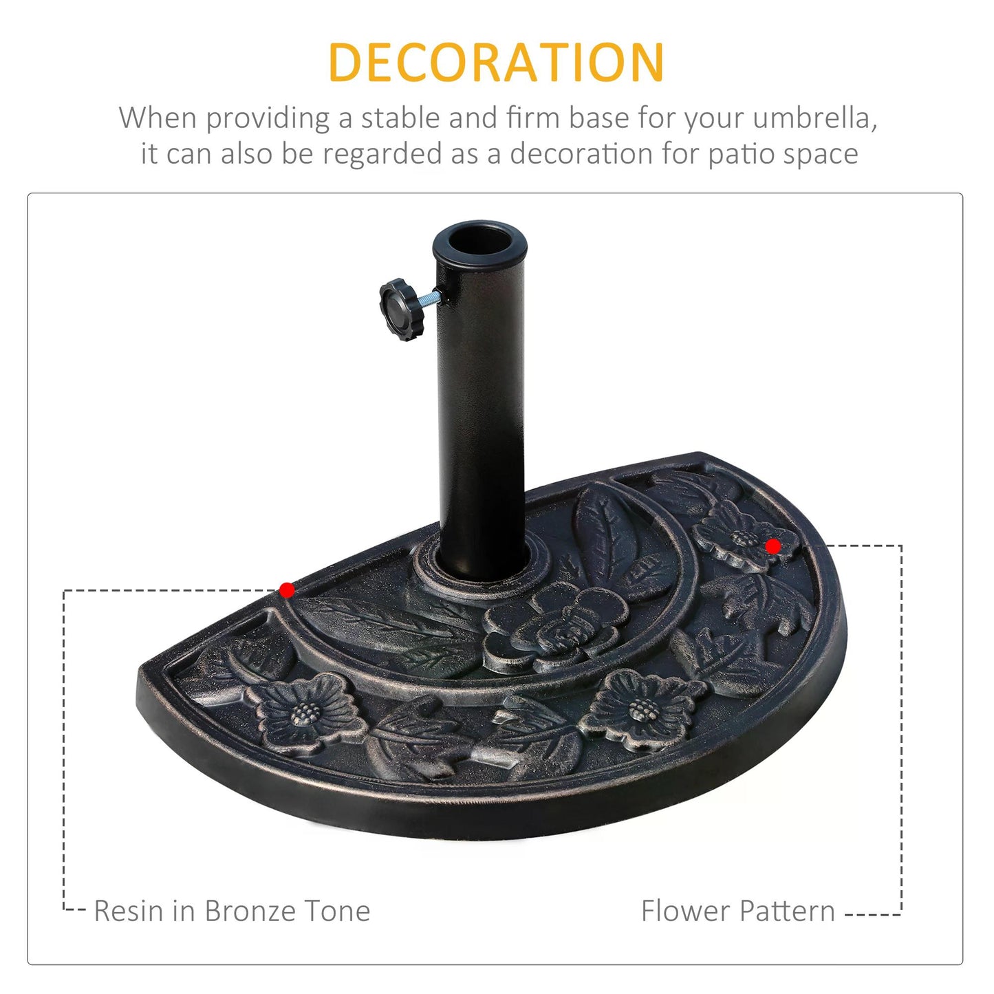 Outsunny 9kg Resin Half Round Parasol Base Umbrella Stand Garden Outdoor Accessories - Adjustable Coupler Suitable Umbrella Rod