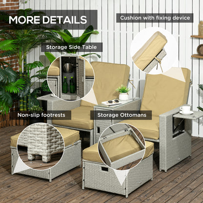 5PC PE Rattan Sun Lounger, Outdoor Wicker 5-level Adjustable Recliner Sofa Bed with Storage Side Table and Footstools, for Patio, Garden, Poolside, Beige