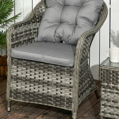 Outsunny 3 PCS Rattan Seating Set | 2 Armchairs & Table | Outdoor Patio Furniture, Bistro Set w/ Cushions Glass Tabletop