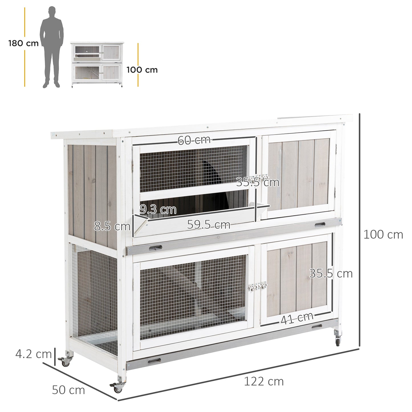 4 FT Rabbit Hutch Two Tier Wooden Guinea Pig Cage Bunny House w/ Rain Cover, Wheels - Grey