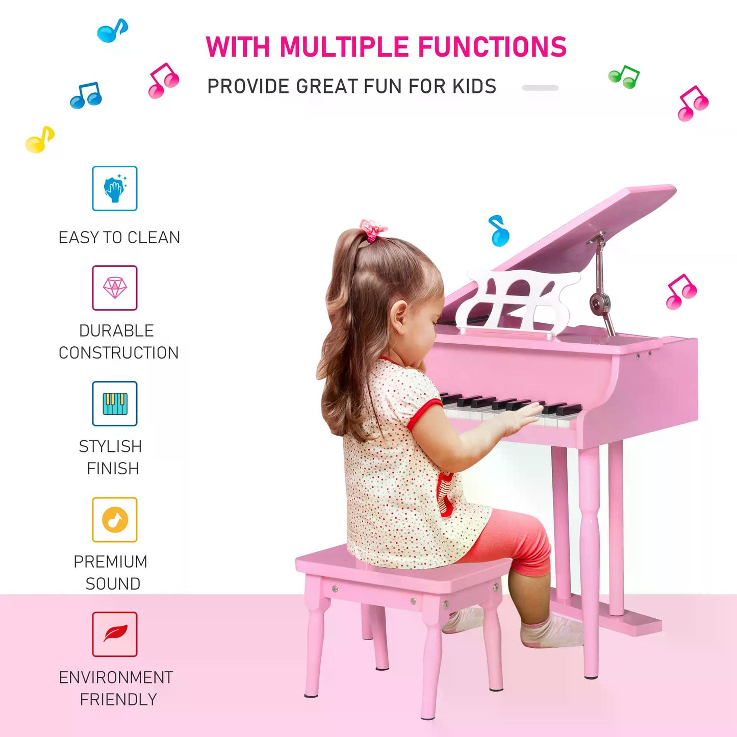 HOMCOM 30 Keys Kids Keyboard Piano Mini Electric Piano Set Grand Piano with Music Stand and Bench Pink