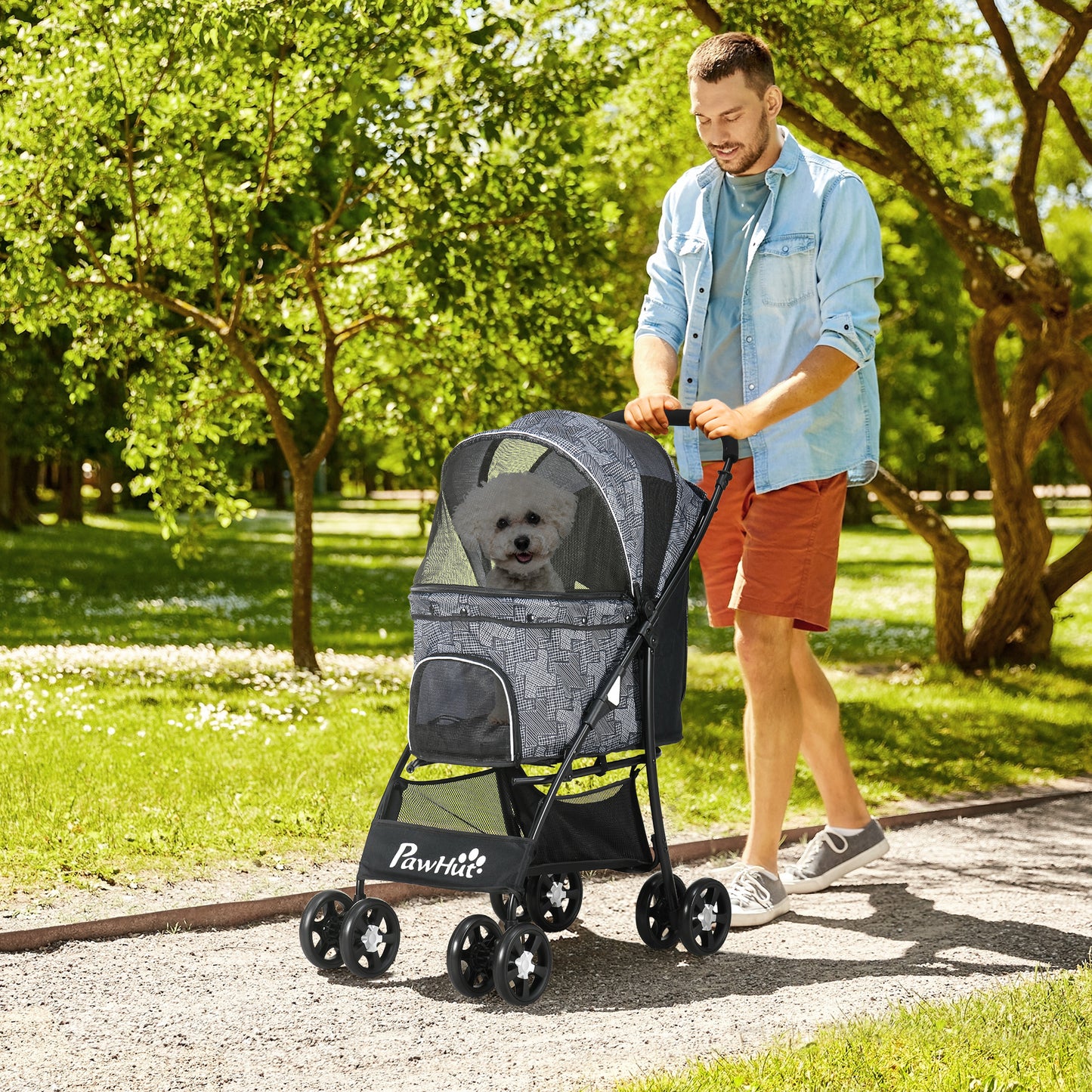 Pet Stroller Dog Pram Pushchair Cat Travel Carriage W/ Universal Wheels, Brake, Canopy, Storage Bag - Grey