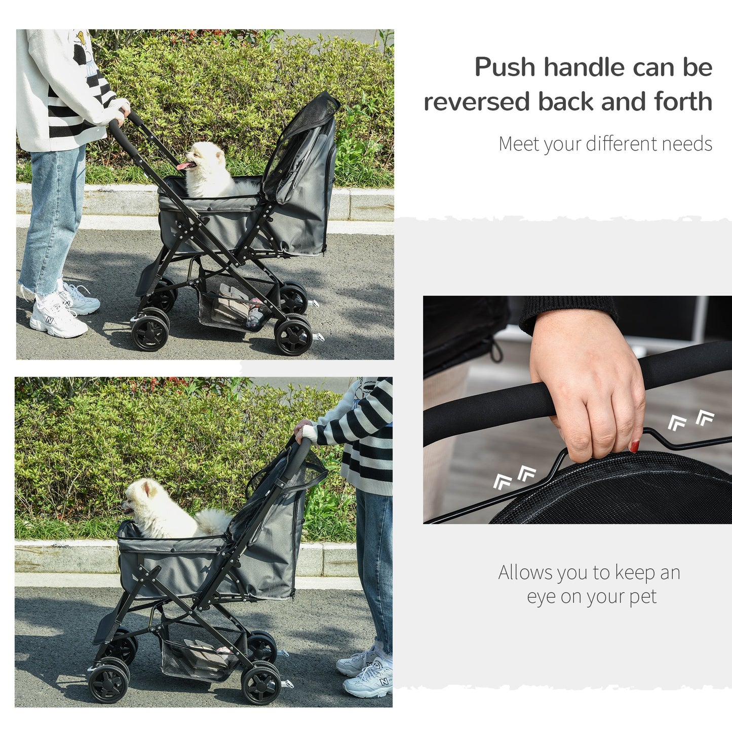 Pet Stroller Dog Cat Travel Pushchair Foldable Jogger with Reversible Handle EVA Wheel Brake Basket Adjustable Canopy Safety Leash for Small Dogs, Grey