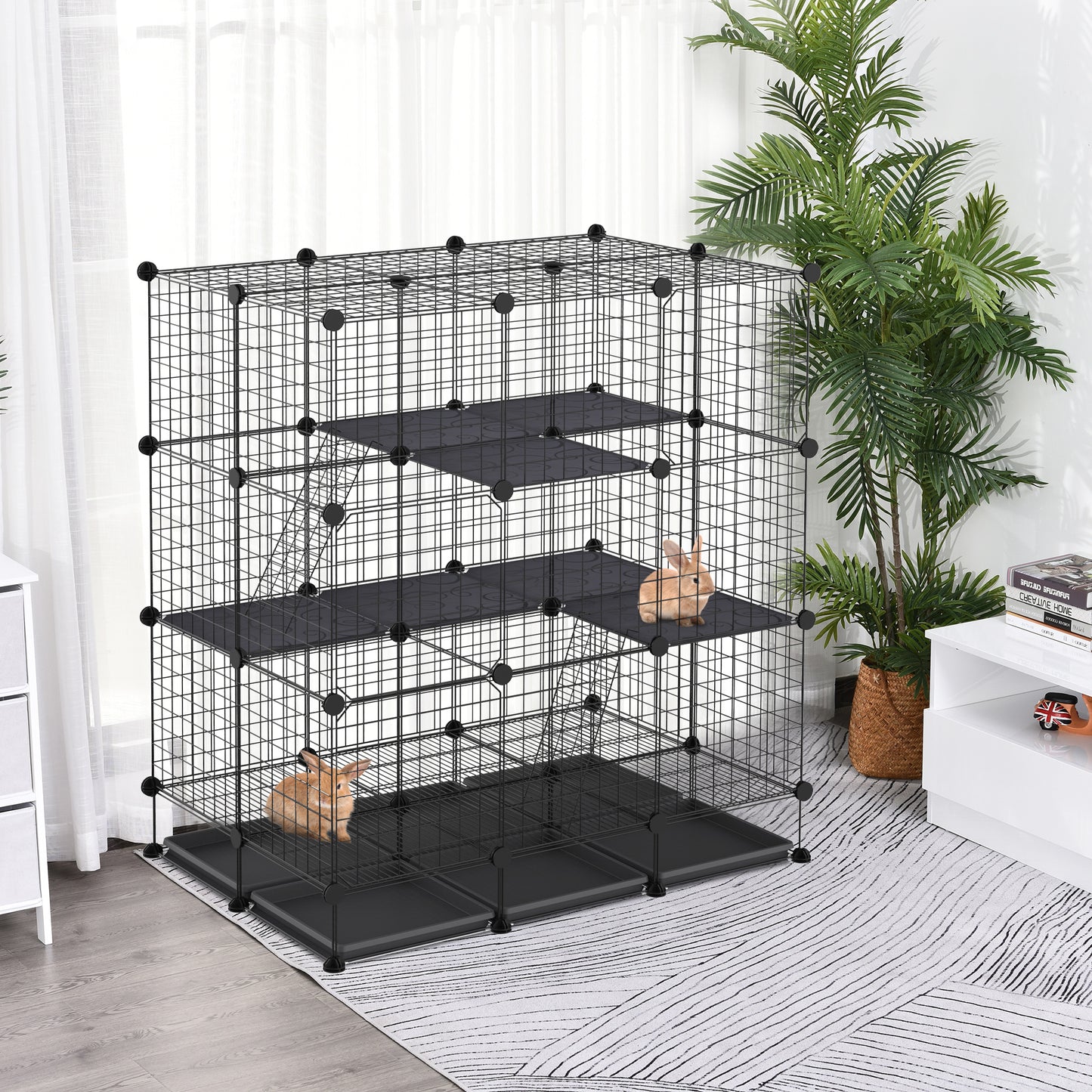 3 Level DIY Pet Playpen Metal Small Animal Cage Rabbit Ferret Chinchillas Cage 4 Doors Bottom Trays Black