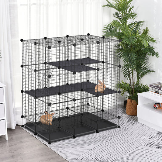 3 Level DIY Pet Playpen Metal Small Animal Cage Rabbit Ferret Chinchillas Cage 4 Doors Bottom Trays Black
