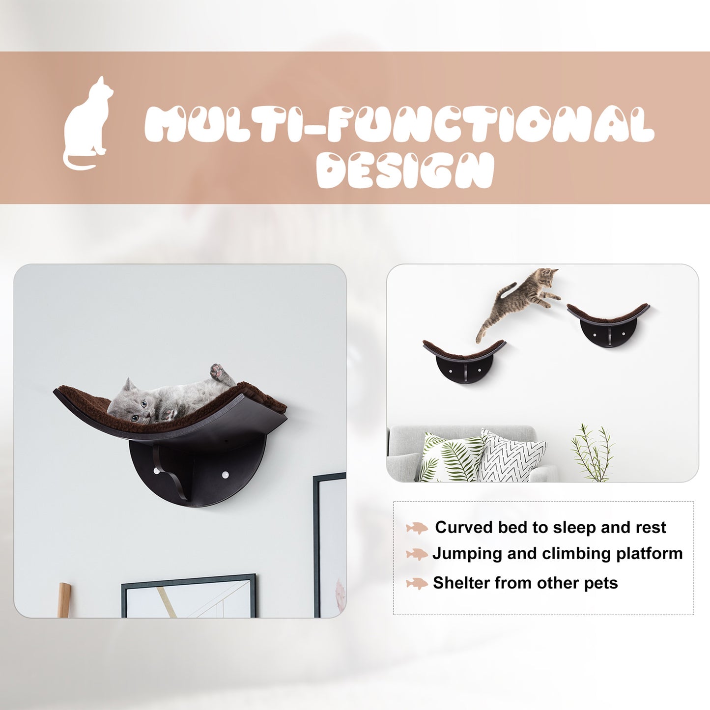 Wood Cat Shelves Wall-Mounted Shelter Curved Kitten Bed Cat Perch Climber Cat Furniture 41 x 28 x 21cm Brown