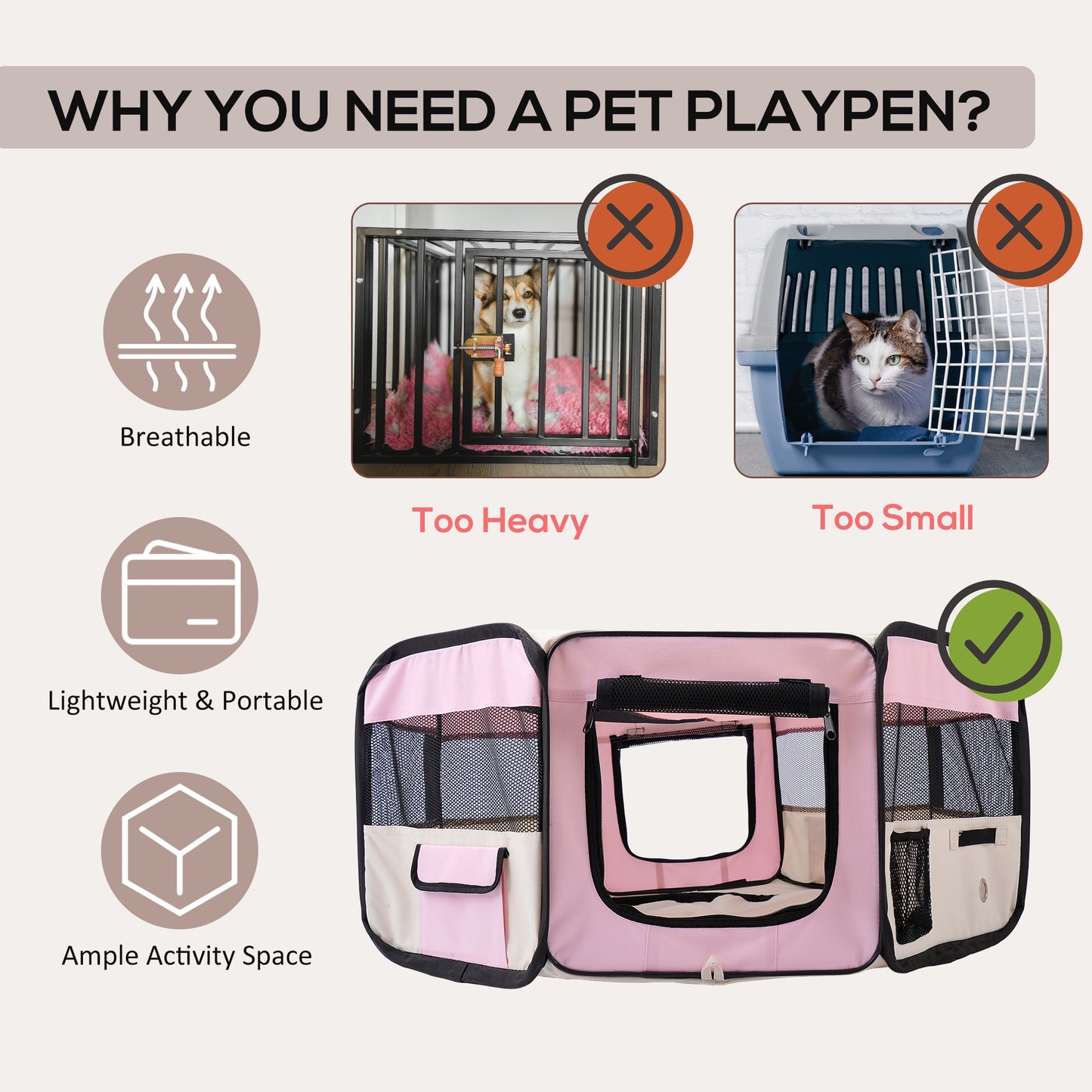 Fabric Dog Play Pen Puppy Pet Cat Rabbit Pig Guinea Playpen Run Indoor & Outdoor, Dia 90 x 41H cm Pink
