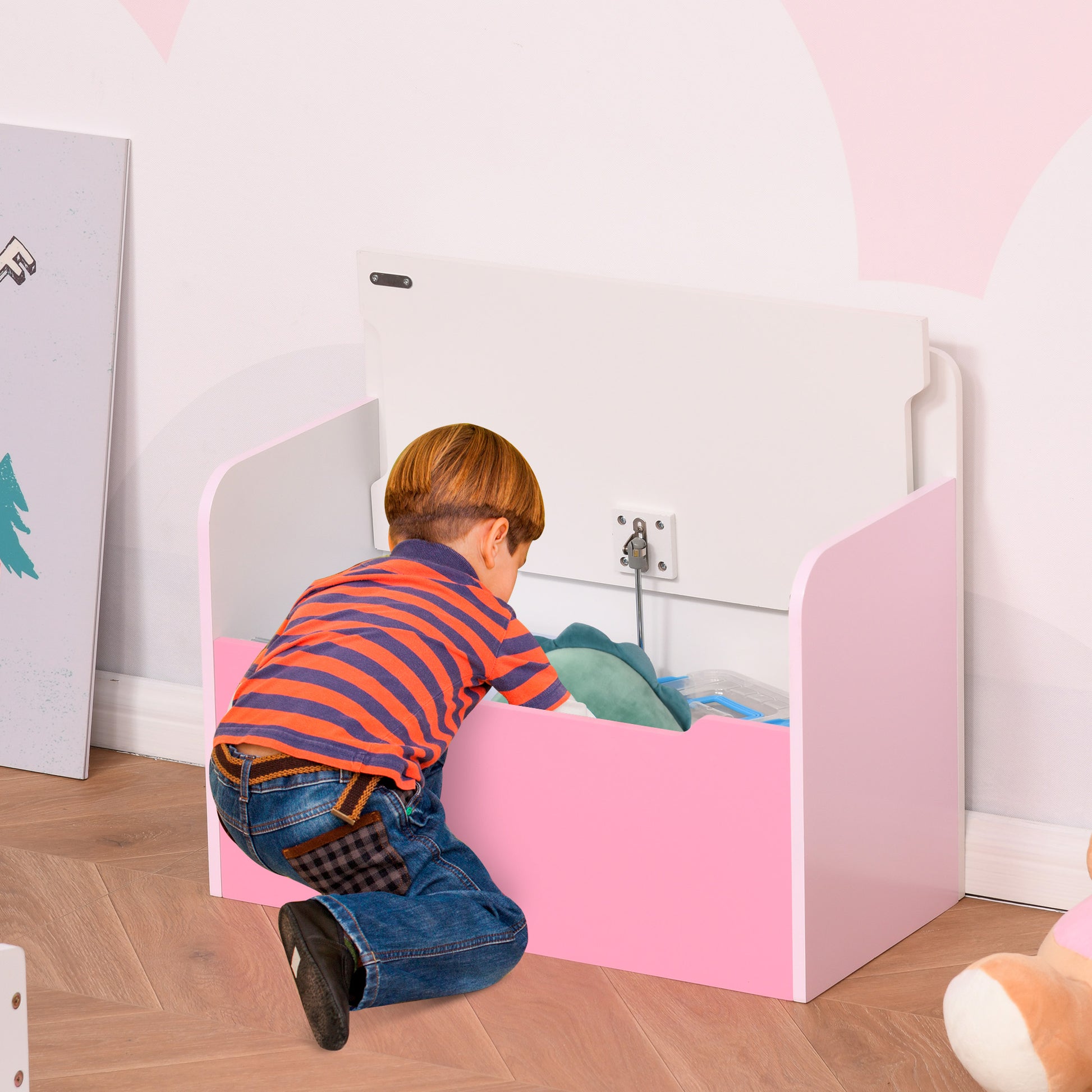 HOMCOM Kids Wooden Toy Box Children Storage Chest Bench Organiser Safety Hinge Bedroom Playroom Furniture Pink