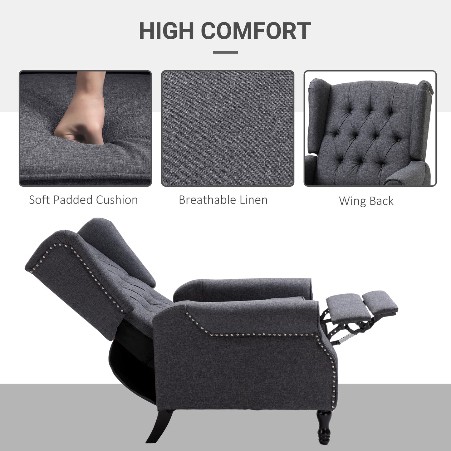 Recliner Armchair with Footrest Grey Tone in a Vintage Tufted Design Dark Grey